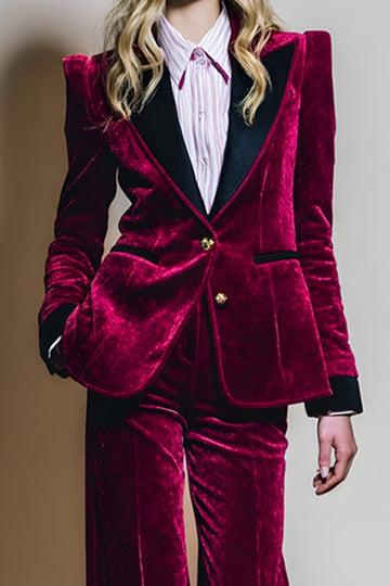 Burgundy 2 Piece Velvet Peak Lapel Single Breasted Prom Suits